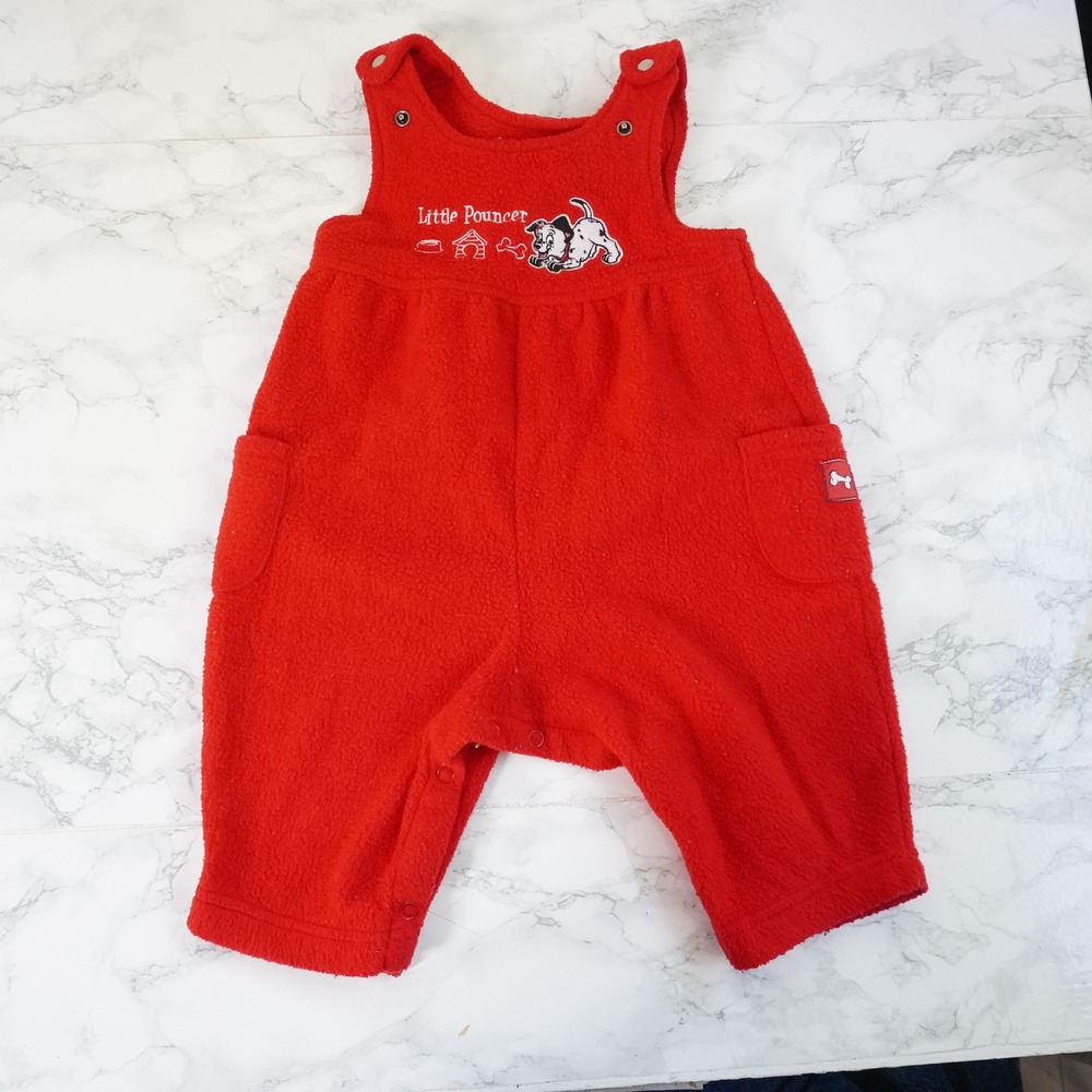 VTG Disney 101 Dalmations Red Fleece Overalls 12M Puppy Embroidered Romper